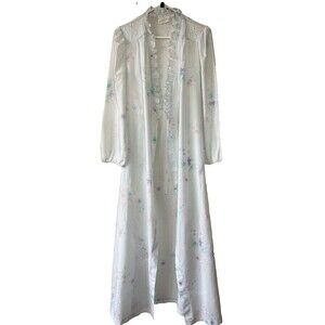 Jolie Two Pastel Floral Ruffle Smocked Belted Vintage Robe Long Sleeve White S